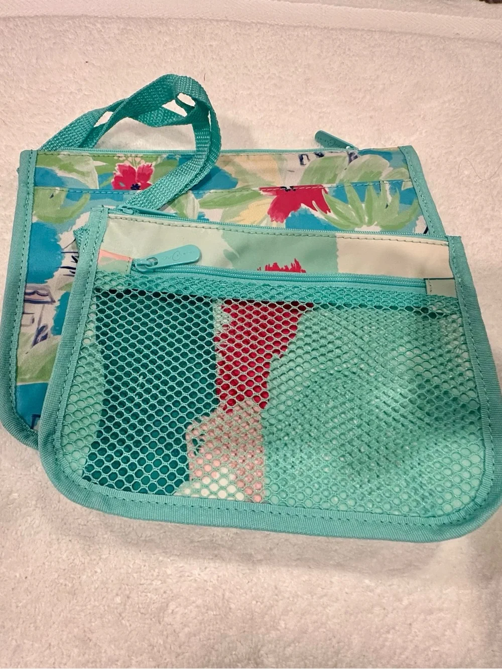 thirty-one Tropical Floral Cosmetic Set of Three Pouches- Blue, Pink & Green